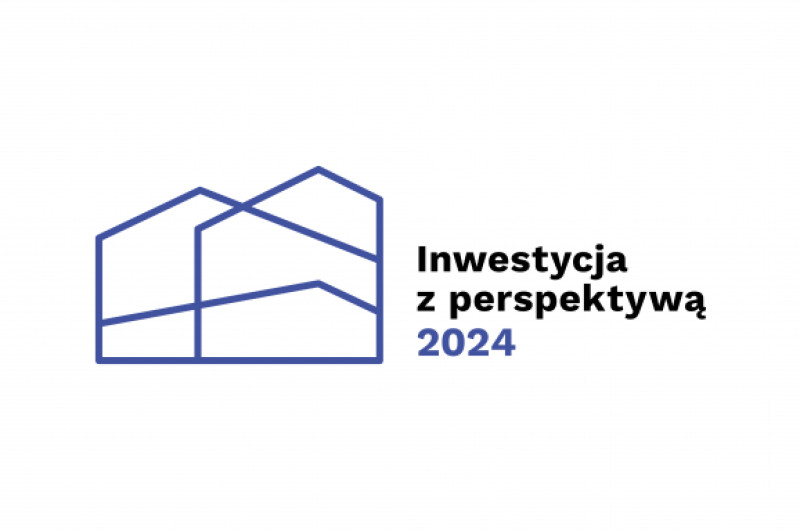 po lewej niebieskie logo konkursu składające się z linii tworzących zarys budynków, po prawej napis Inwestcja z perspektywą 2024