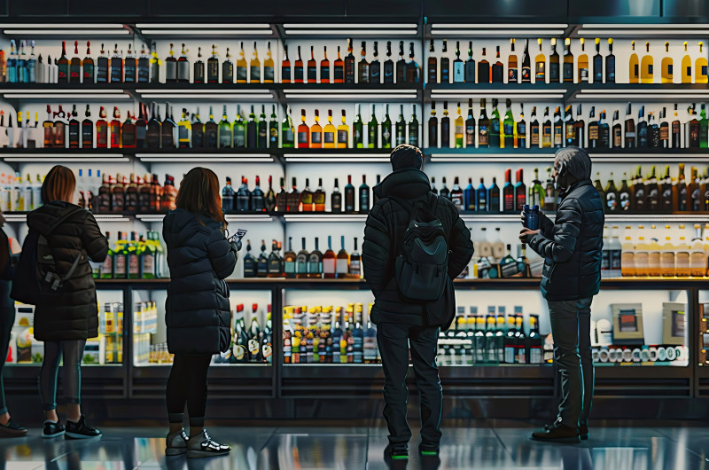Zdjęcie 4 ludzi na tle regału sklepowego z alkoholami w butelkach