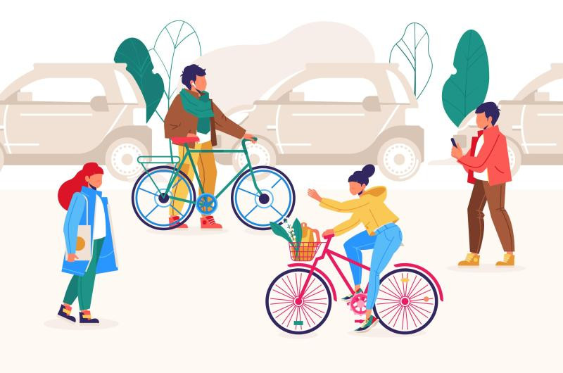 Grafika przedstawia pieszych i rowerzystów. W tle widać drzewa i samochód.
