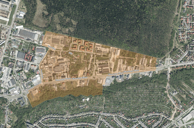 fragment ortofotomapy z granicami planu miejscowego